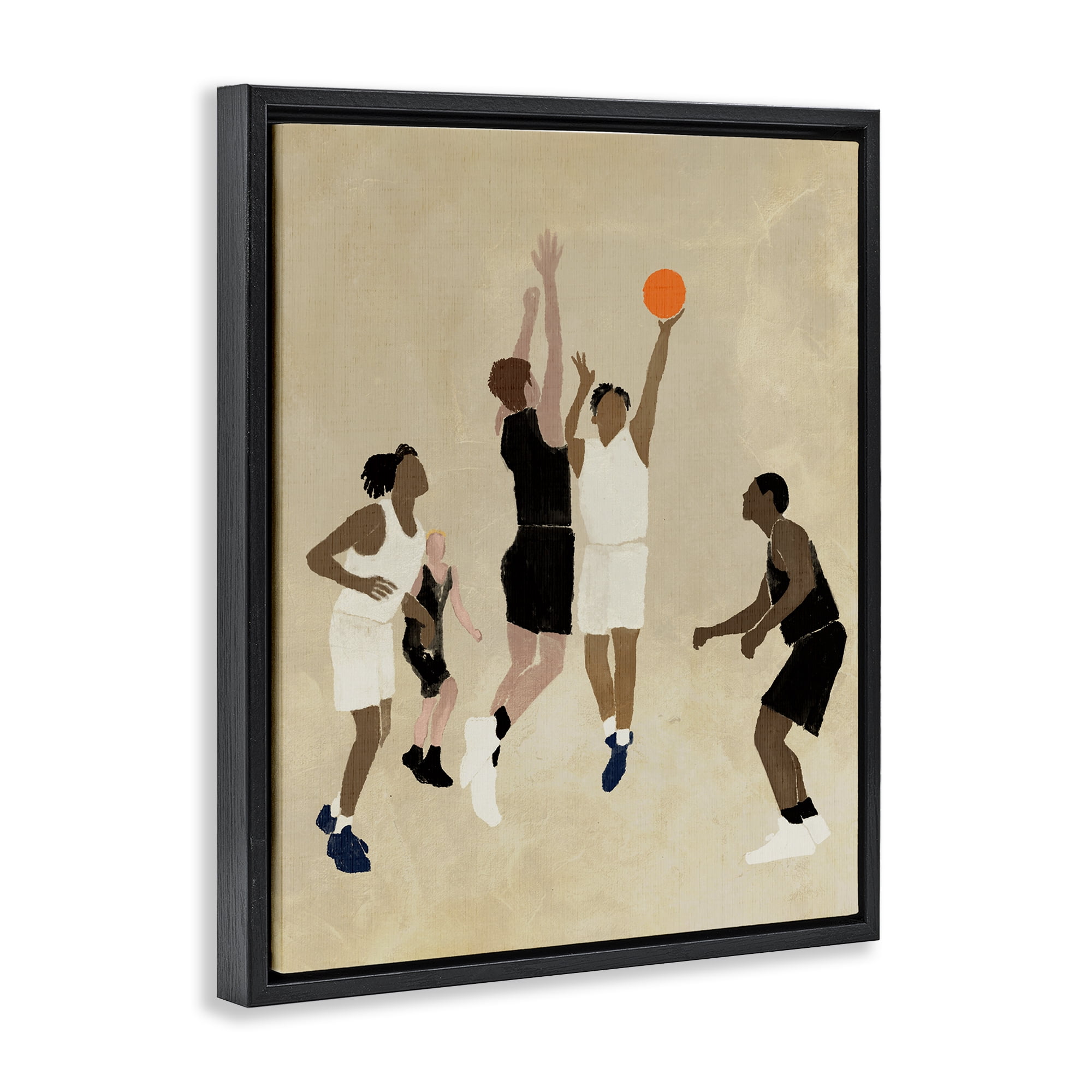 Stupell Industries Players with Basketball Sports Painting Black Floater Framed Canvas Art Print Wall Art, 25 x 31