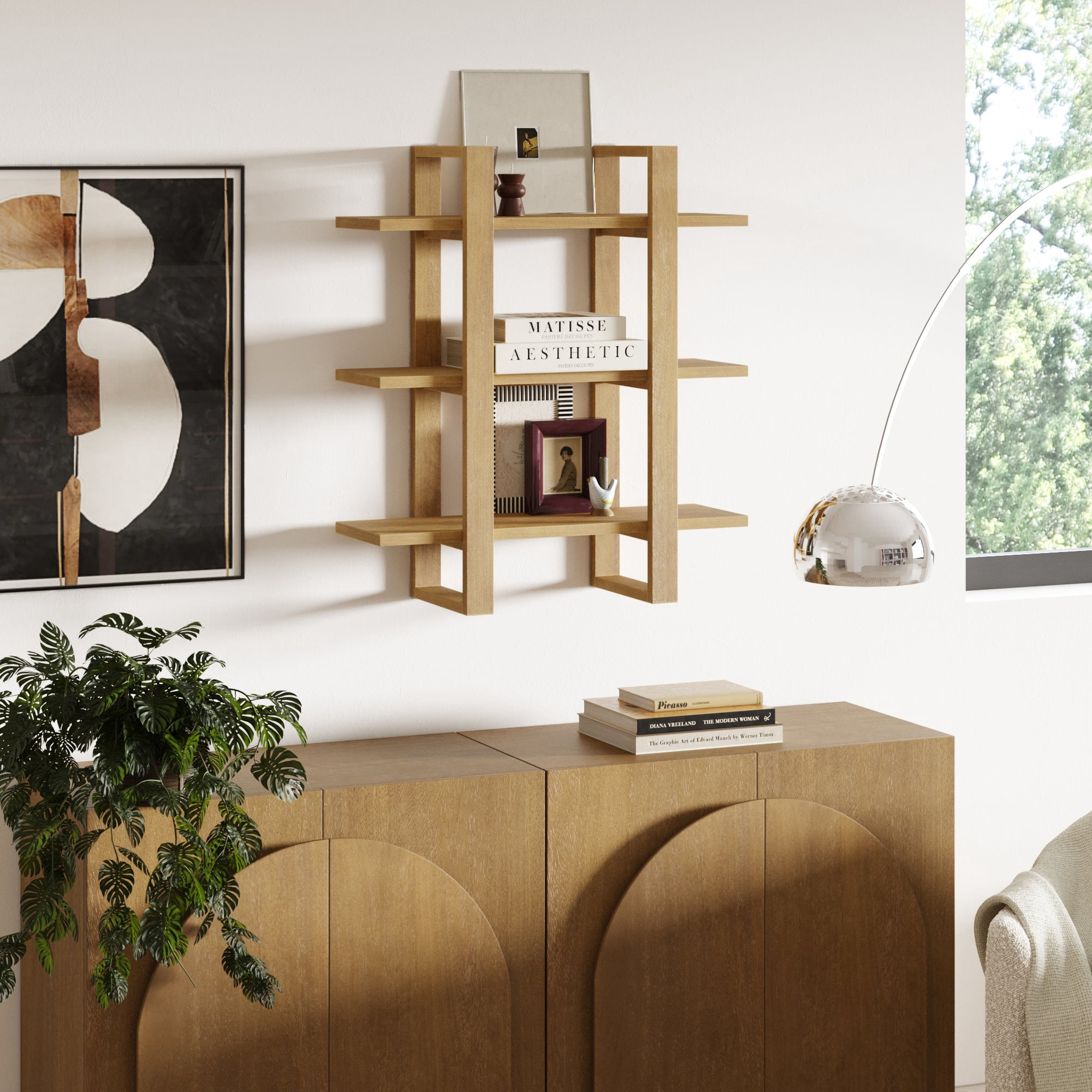 Nathan James Benji Mid Century Wall Unit Bookcase, Decorative Floating 3-Tier Wood Shelf, Light Brown