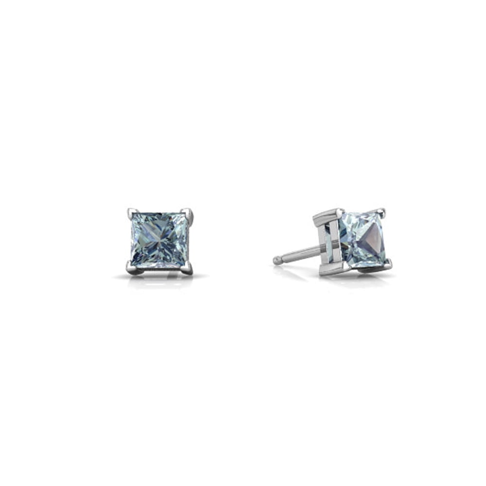 Paris Jewelry  10k White Gold Plated 1 Carat Princess Cut Created Aquamarine Sapphire Stud Earrings