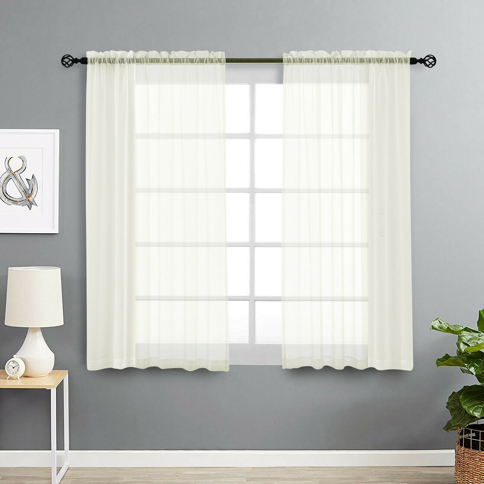 Basic Home Rod Pocket Sheer Voile Window Curtains - Ivory, 45 in. Long