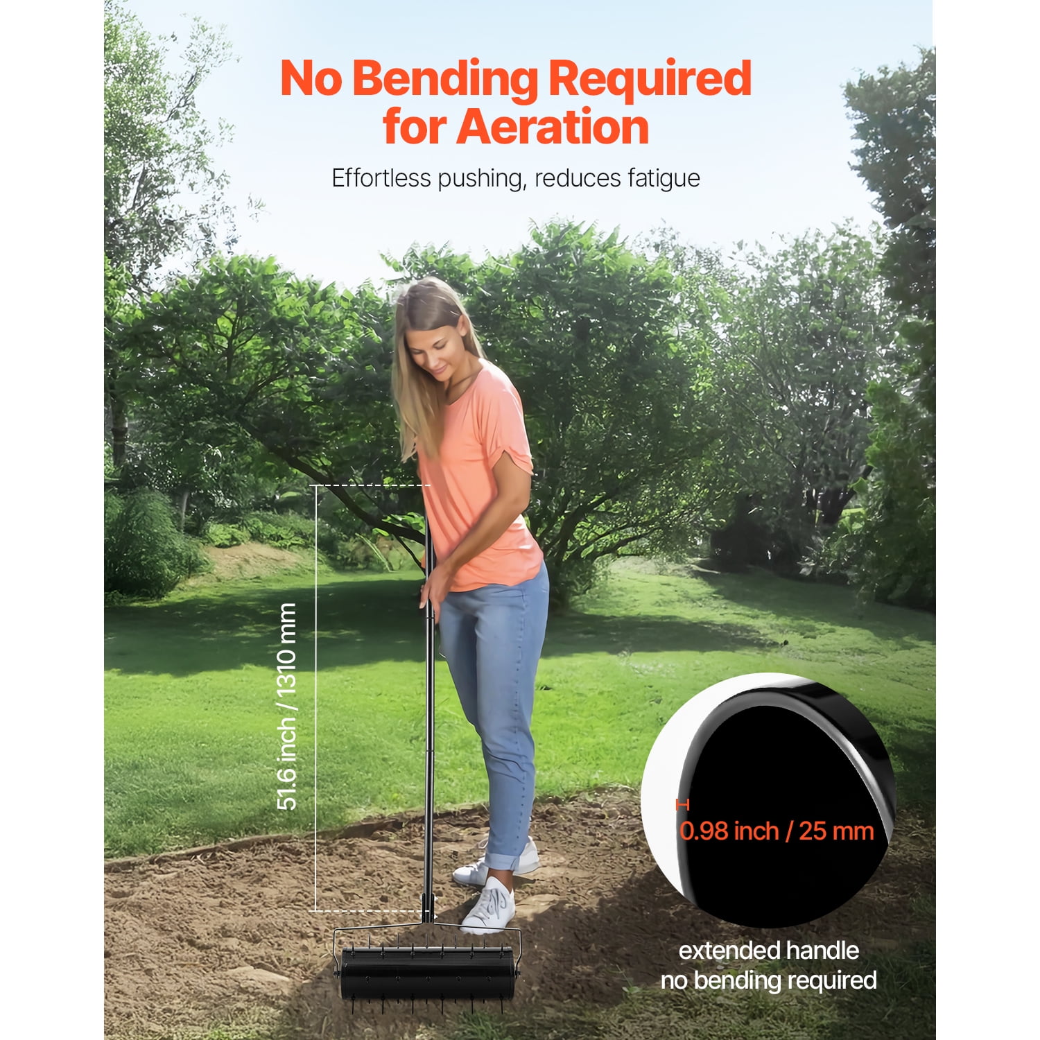 KFFKFF Lawn Aerator Roller, 21-inch Manual Aerator Lawn with Removable Handle and 33 Iron Prongs, Garden Patio Yard Soil Aeration Device, Black