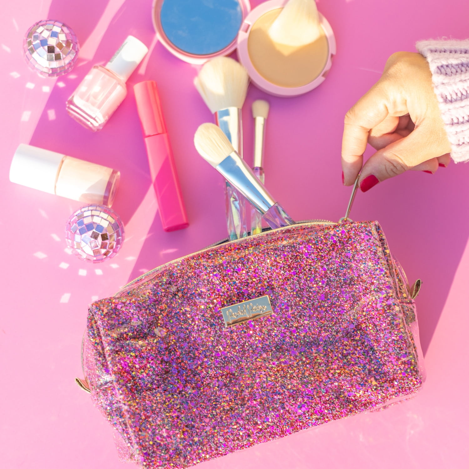 Packed Party Glitz \u0026 Glam Pink Glitter Cosmetic Bag, 8\, image size:1500x1500