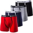 thumbnail image 1 of Knocker Men's Multi Colors Cotton & Spandex Stretch Boxer Briefs Underwear (Red/Navy/H Grey/BlackW, S), 1 of 5