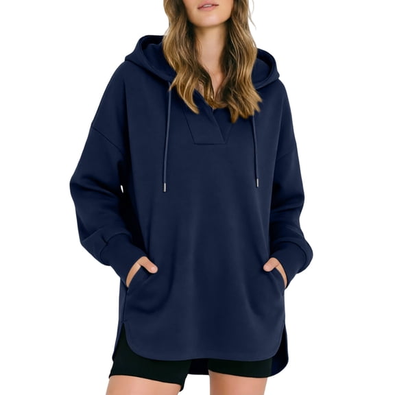 Zekutng Hoodies for Women V‑Notch Drawstring Pullover Hooded Sweatshirt Drop Shoulder Oversized Loose Casual Winter Outfits with Pockets, Sizes S-3XL