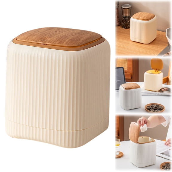 Mini Trash Can with Faux Wood Lid, Press-Top Small Countertop Garbage Bin, Cute Multipurpose Wastebasket for Bedside Tables, Desk & Home, Plastic Covered Desktop Waste Bin for Bathroom Office Kitchen