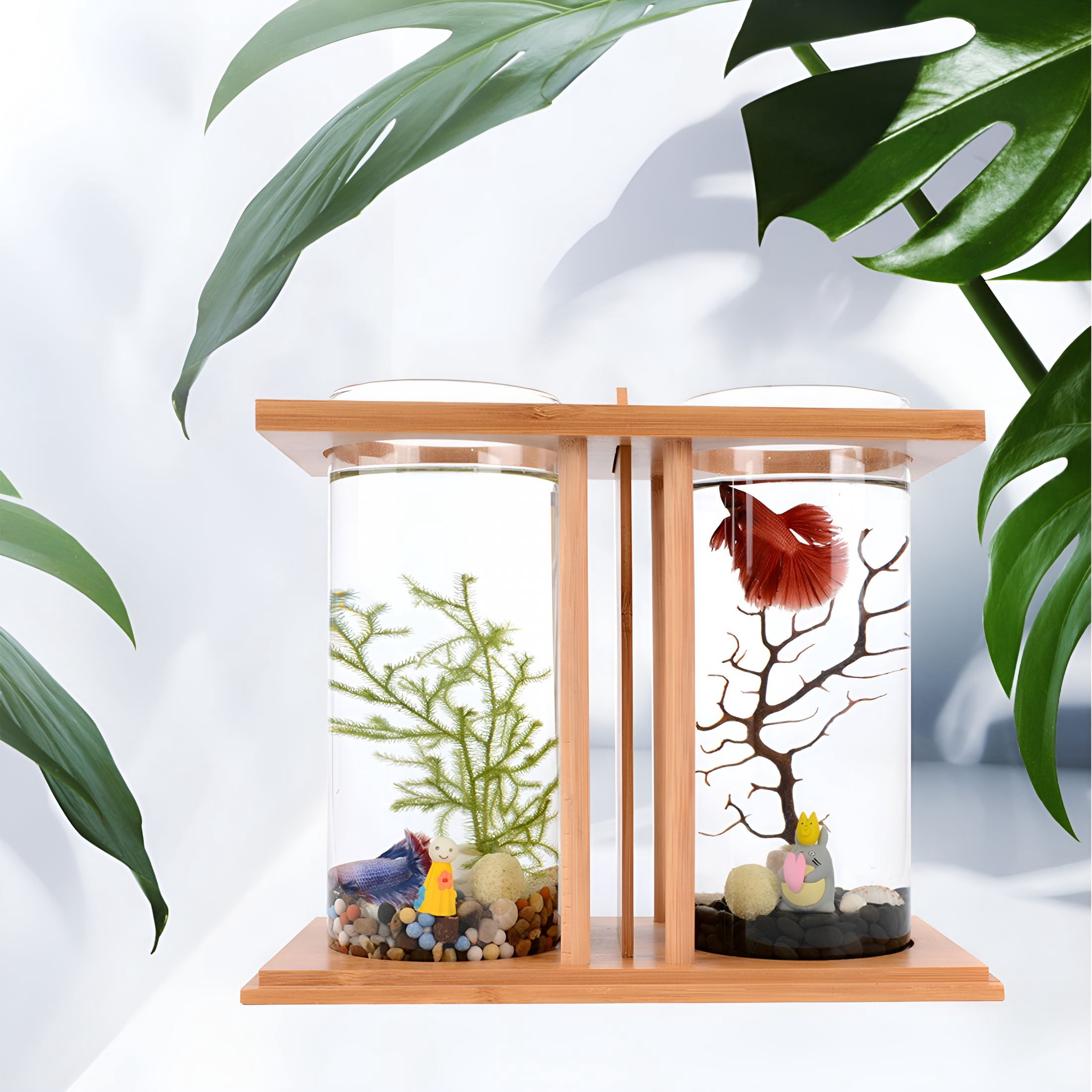 ACDANC LED White Desktop Mini Fish Tank Betta Fish Tank Tabletop Desktop Fish Tank Bamboo Glass Acrylic for Goldfish Betta Fish