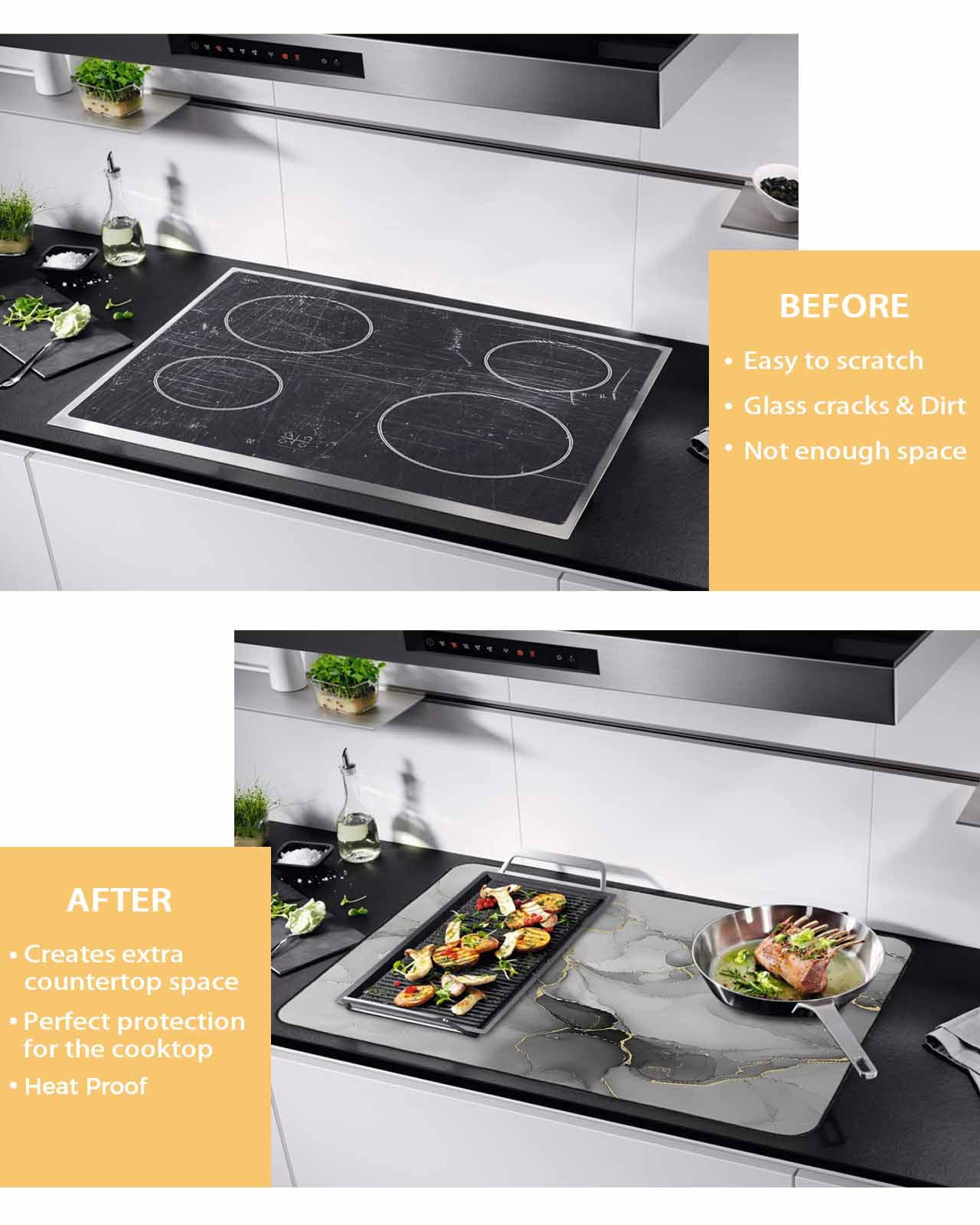 nqOlkjepod Large Induction Cooktop Protector Mat 24"x21", Gray Marble Texture Stove Top Covers for Electric Stove, Vintage Greyish Golden Texture Stove Burner Cover Mats, Glass Top Stove Cover