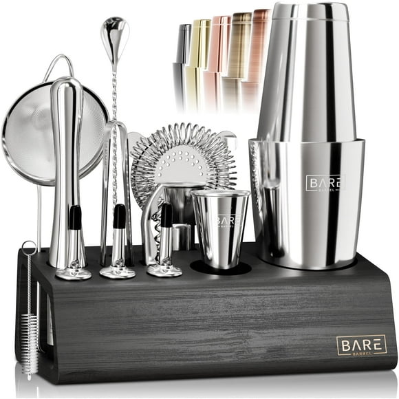 BARE BARREL® Mixology Bartender Kit Bar Set | 14-Piece Cocktail Shaker Set | Martini Barware Mixing Tools for Home Bartending | Incl. 35 Recipe C
