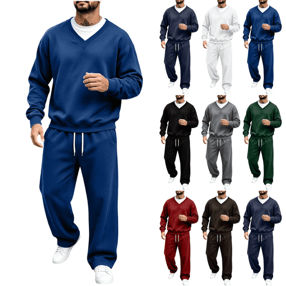 Liuinsasek Mens Casual Sweatsuits Solid Color V Neck Hoodless Pullover Sweatshirt and Elastic Waistband with Drawstring Sweatpants Pockets Stylish Outfits