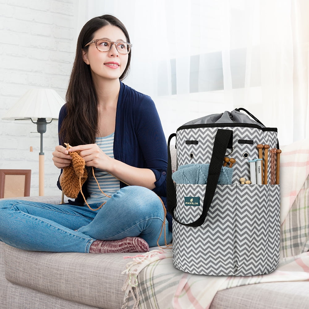 PAVILIA Knitting Bag Crochet Organizer Bag, Yarn Storage Tote, Knitting Accessories Supplies, Yarn Holder For Knitting With Grommets, Needles Hooks Essentials, Crochet Project Case (Chevron Gray)