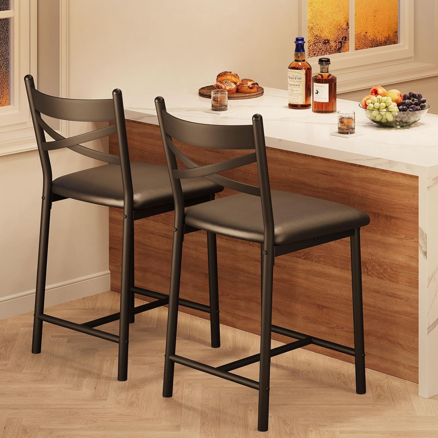 2/4PCS Home Bar Stools, PU Upholstered Bar Chairs, Kitchen Island Chairs With X-Shaped Backrest And Metal Footrest, Black Counter Height Chairs For Dining Room, Coffee Shop