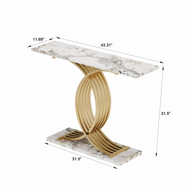 Accent Console Sofa Table with Gold Intertwined Crossed Metal Base, Entryway Display Side Table with Faux Marbling Top