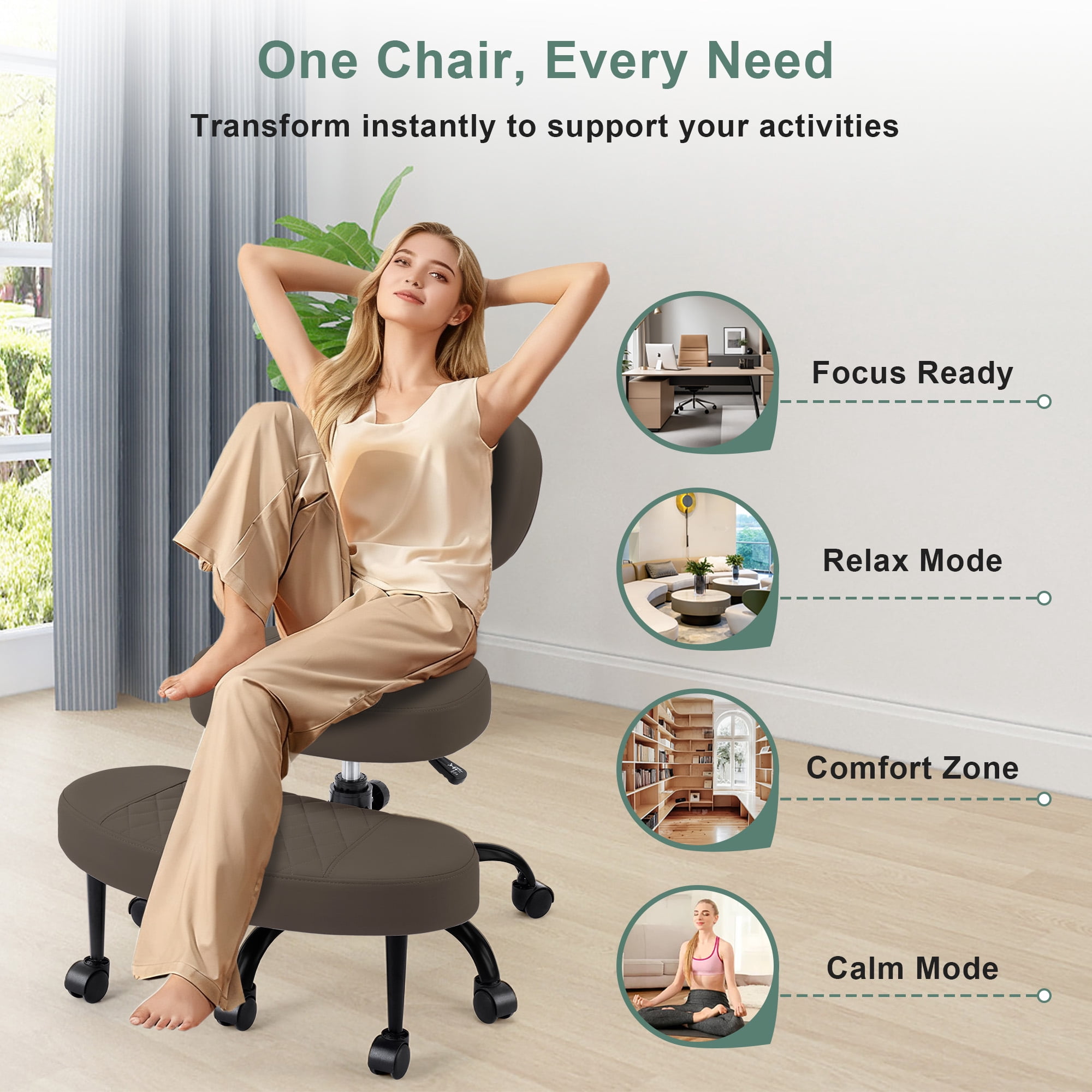 Dhole Ergonomic Cross-Legged Office Chair with Back Support - Adjustable Kneeling Stool for ADHD & Meditation, 360° Swivel Base with Wheels for Home Office, Brown