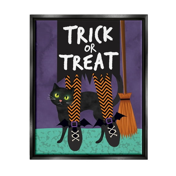 Stupell Industries Trick or Treat Cat & Witch Graphic Art Jet Black Floating Framed Canvas Print Wall Art, Design by Linda Birtel