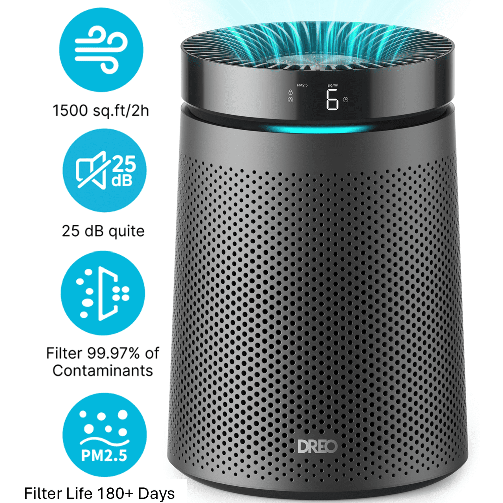 DREO True HEPA Air Purifier for Rooms Up to 1500 Sq.Ft, 3-in-1 Filter for Allergies & Asthma, PM2.5 Display, Sleep Mode 25 dB