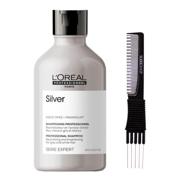 L'Oreal SerieExpert Magnesium Silver Shampoo For Gray & White Hair (10.1 oz) with SLEEKSHOP Teasing Comb Pack of 1