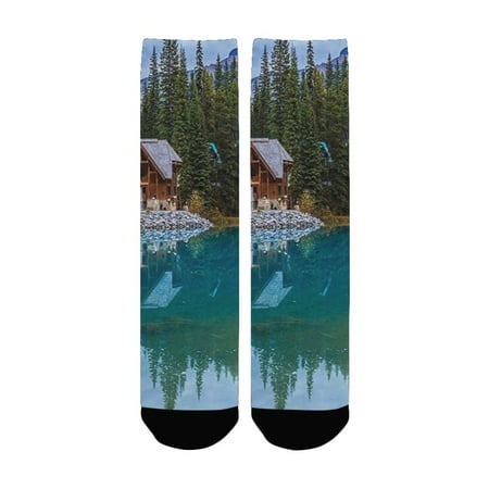 

Nature Canadian Emerald Lake Scenery with a Wooden Cottage House Country View Petrol Blue Olive Gree Women s Custom Socks (Made In USA)