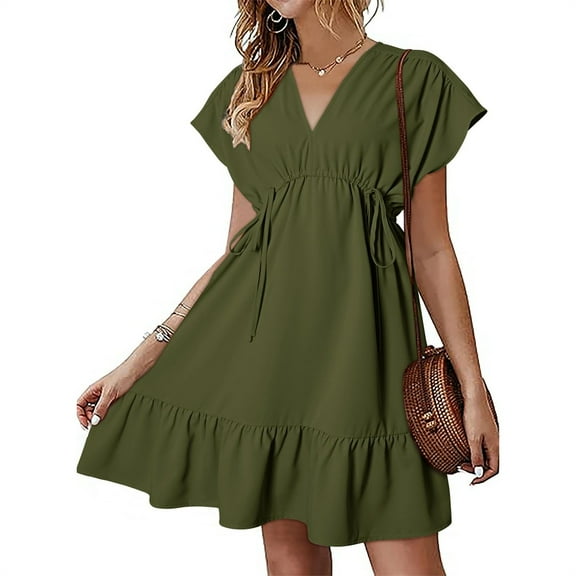 Awdenio Women's Novelty Dresses Womens Dresses Short Sleeve V Neck Drawstring Casual Ruffle A-Line Mini Dress