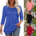 thumbnail image 2 of Huhudde Elegant Pleated Cotton Blouse 3/4 Length Sleeve Solid Color T-Shirt Tuck Detailing Loose Top for Women's Daily Wear, 2 of 17