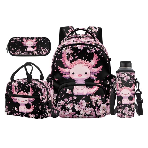 Jeiento Axolotl 17 Inch Teen Girls Backpack Set 4-Piece Lunch Bag Pencil Case Water Bottle Holder Pink Cherry Blossom Lightweight Large Capacity School Bookbag for Kids Students Back to School