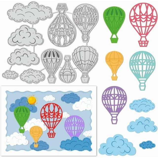Kit de 10 troqueles metálicos con forma de nubes y globos aerostáticos para la creación de tarjetas y repujado de papel. Incluye plantillas y moldes.