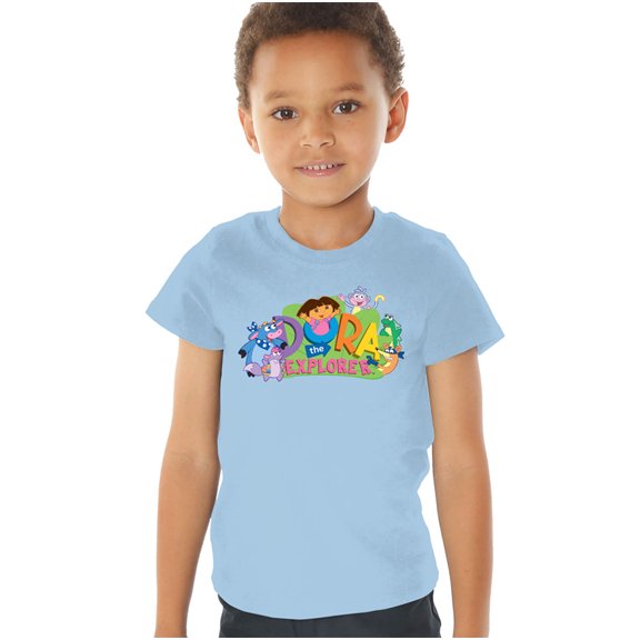 Popfunk Dora The Explorer Classic Logo With Boots And Swiper Kids T Shirt (2) for Toddler Boys and Girls, Light Blue