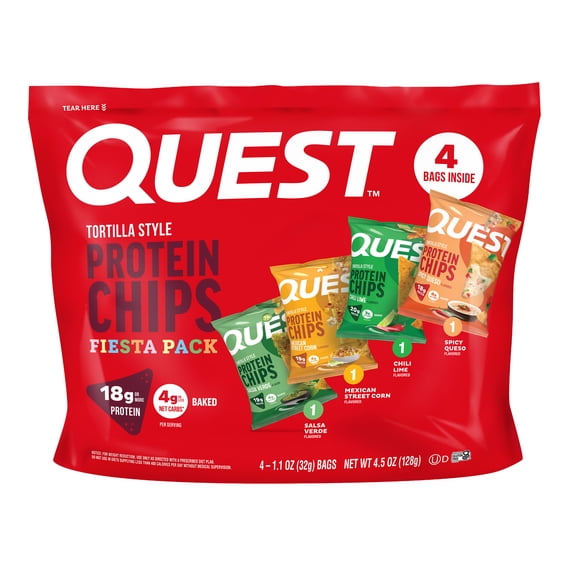 Quest Tortilla Style Protein Chips, Mixed Variety Fiesta Pack Flavors, 18g of Protein, Baked, 4 Count