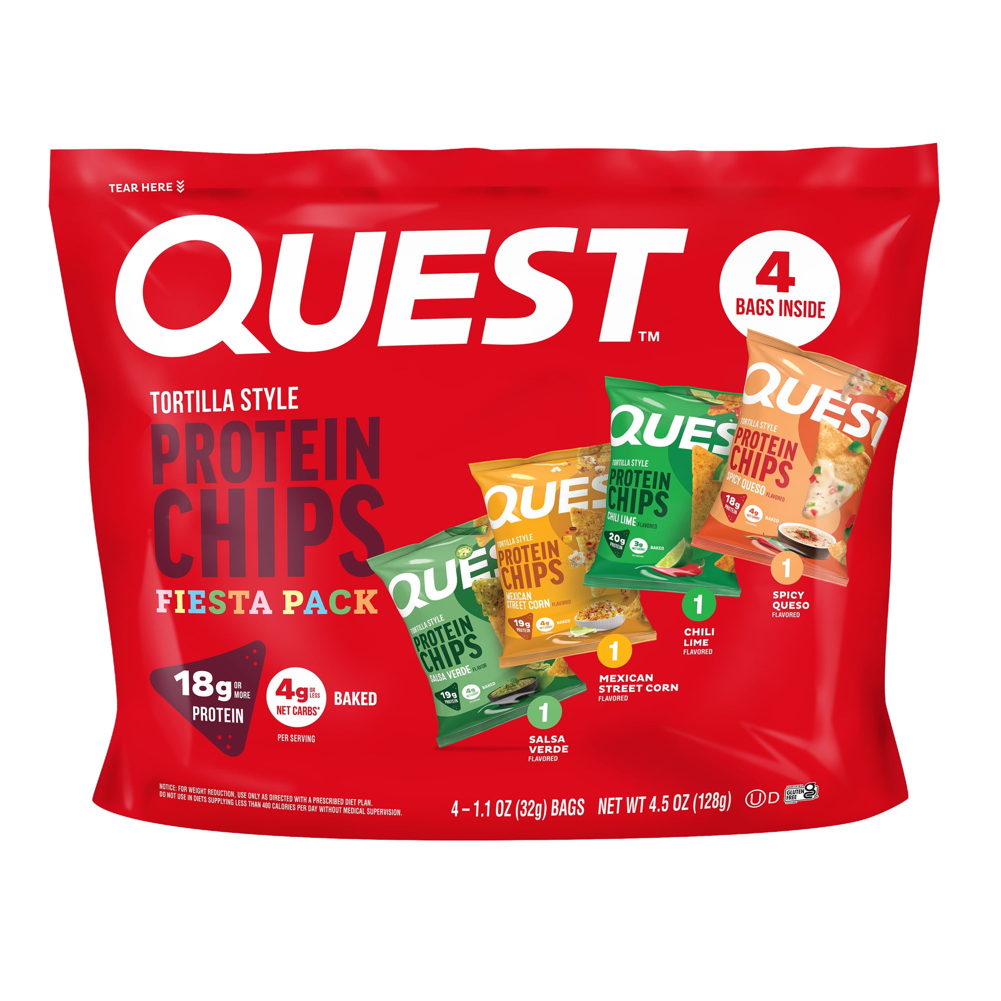 Quest Tortilla Style Protein Chips, Mixed Variety Fiesta Pack Flavors, 18g of Protein, Baked, 4 Count