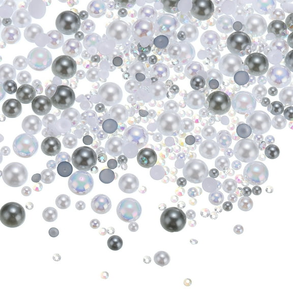 Uxcell 30g Mix Pearls and Rhinestones 3-10mm Resin Flatback Pearls Rhinestones and Half Pearls Grey White