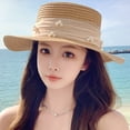 thumbnail image 5 of SikaFu Net Red Temperament Flat Top Pearl Floating Straw Hat Female Small Fresh Sweet Sun Hat Summer Tourism Sun Hat Spot, 5 of 7