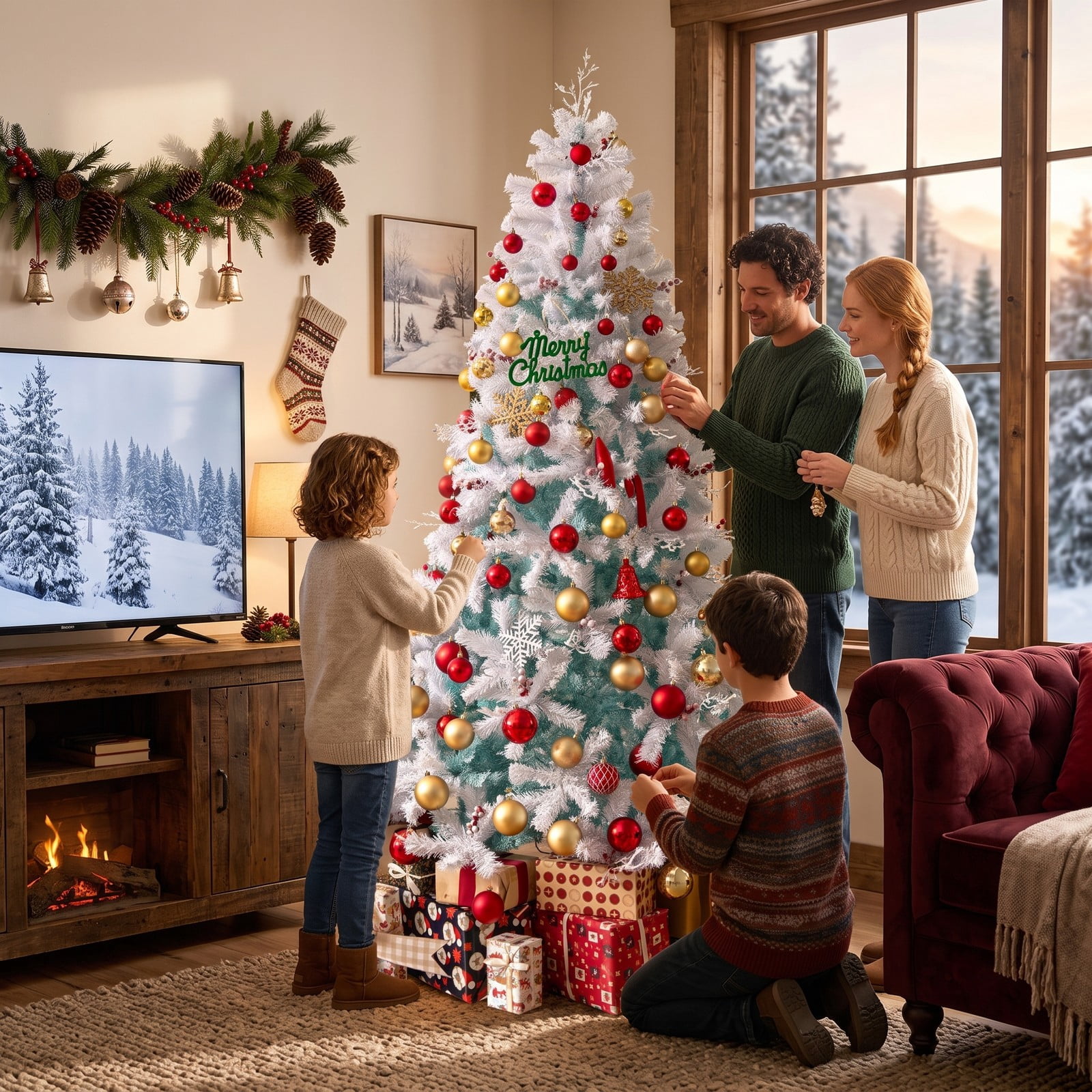 RUIE 7 FT Pre-Lit Artificial Christmas Tree with 350 Warm White LED Lights, Snow Flocked Branch Tips, Frosted Red Berries and Foldable Metal Base, White & Lake Blue
