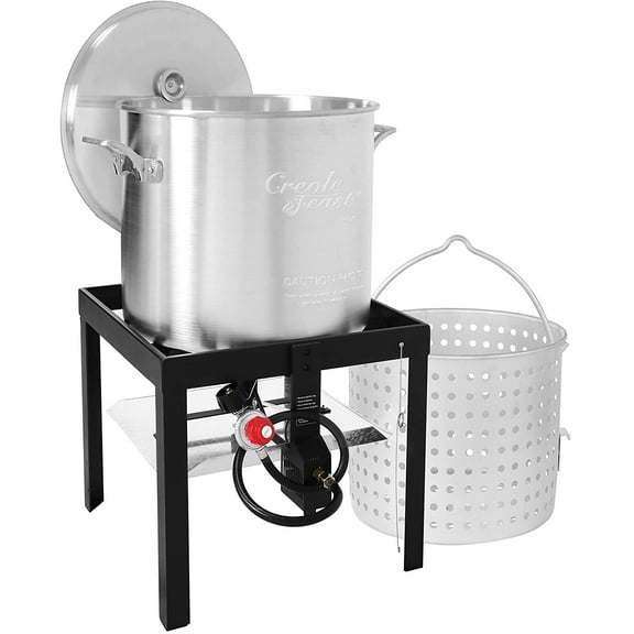 Creole Feast SBK0601 60 Qt. Seafood Boil Pot with Basket and Burner, Outdoor Aluminum Propane Boiler with 10 PSI Regulator, 100,000 BTU, Ideal for Cooking Crawfish, Crab, Shrimp, Fish