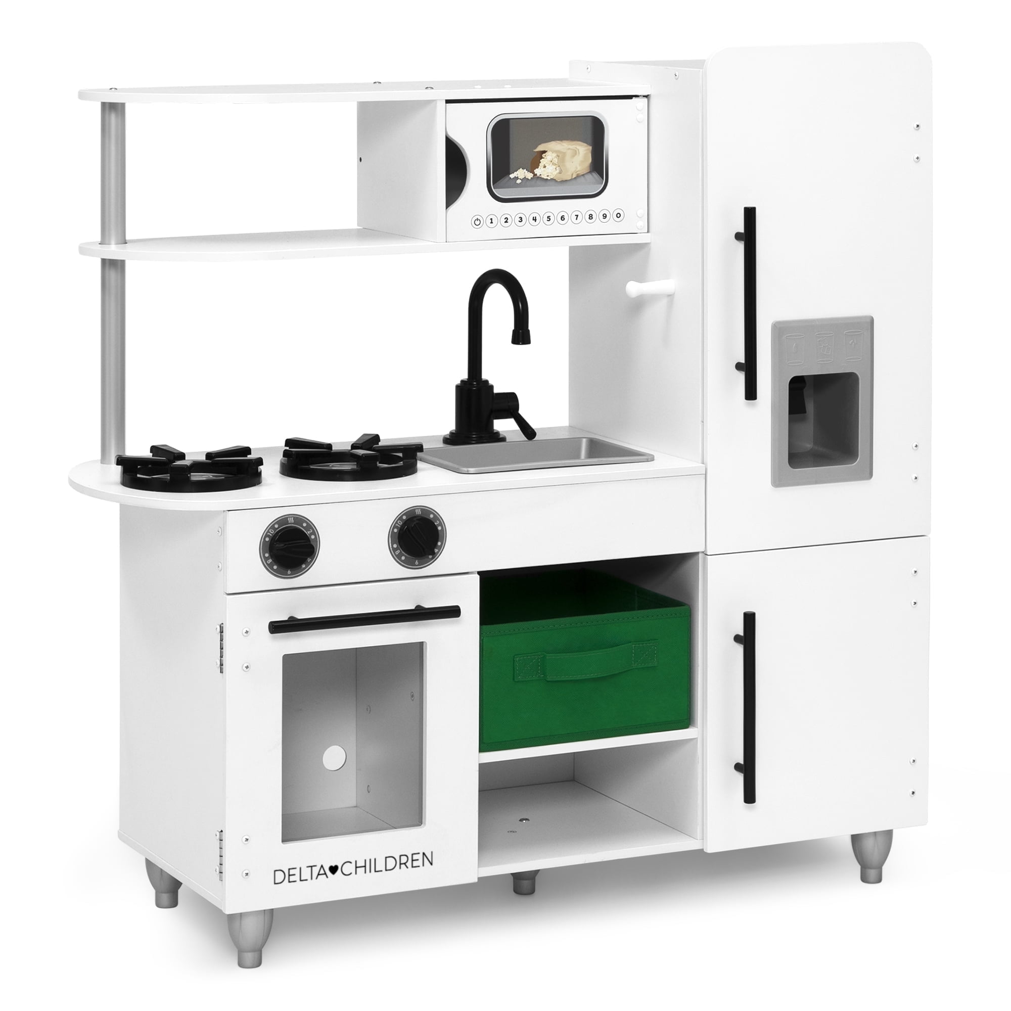 Delta Children Deluxe Modern Kitchen - Wooden Toy Kitchen Playset with Realistic Knobs that Turn/Click, Oven, Sink and Fridge/Freezer with Ice Maker, White