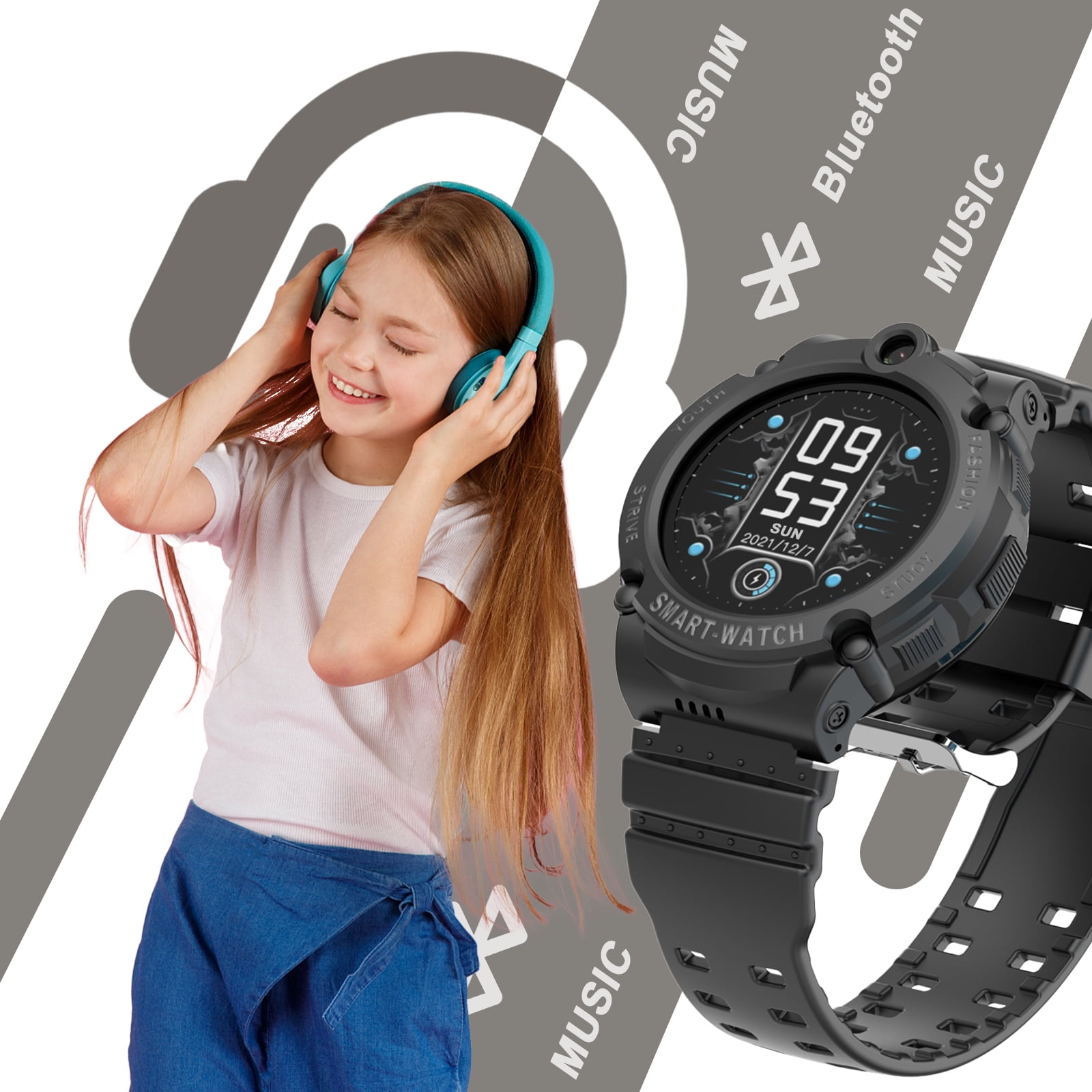 PTHTECHUS S02 Smart Watch for Boys Girls Smartwatch for Kids with 4G SIM GPS Video Call Pedometer MP3 Flashlights Calculator Alarm Clock Children Holiday Gift Black