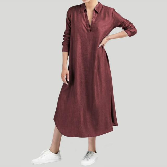 JMKQLZ Robe d'Été Décontractée à Manches Longues et Col en V pour Femmes