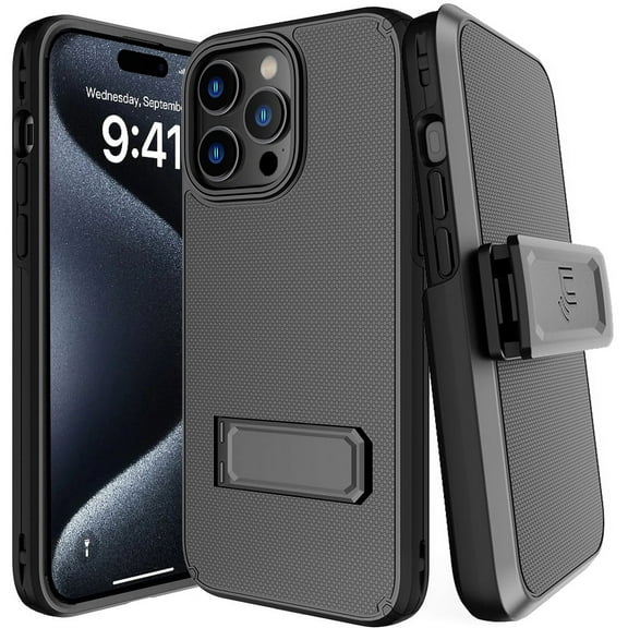 Cover with Clip for iPhone 15 Pro Max, Nakedcellphone Tough Hybrid Phone Cover [with Kickstand] and Belt Hip Holster [Secure Anchors]