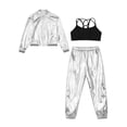 thumbnail image 3 of TiaoBug Kids Girls Shiny Metallic Bomber Jacket Coat Sports Pants Hip Hop Jazz Dance Crop Top Silver 8, 3 of 6