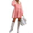 thumbnail image 2 of FANCYINN Long Sleeve Shift Tunic Dress Ruffle Swing Babydoll Juniors Mini Pink Ruffle Dress with Pockets Pink XS, 2 of 5