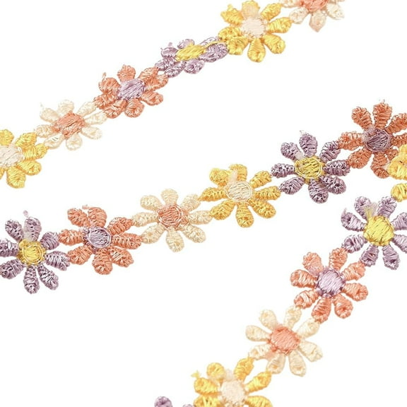 15 Yards 1/2 Inch Floral Applique Ribbon Flower Embroidery Lace Edge Trim Polyester Vintage Colorful Daisy Fabric Trimming for Sewing Making Crafts Wedding Dresses Bouquets Home Decor Supply