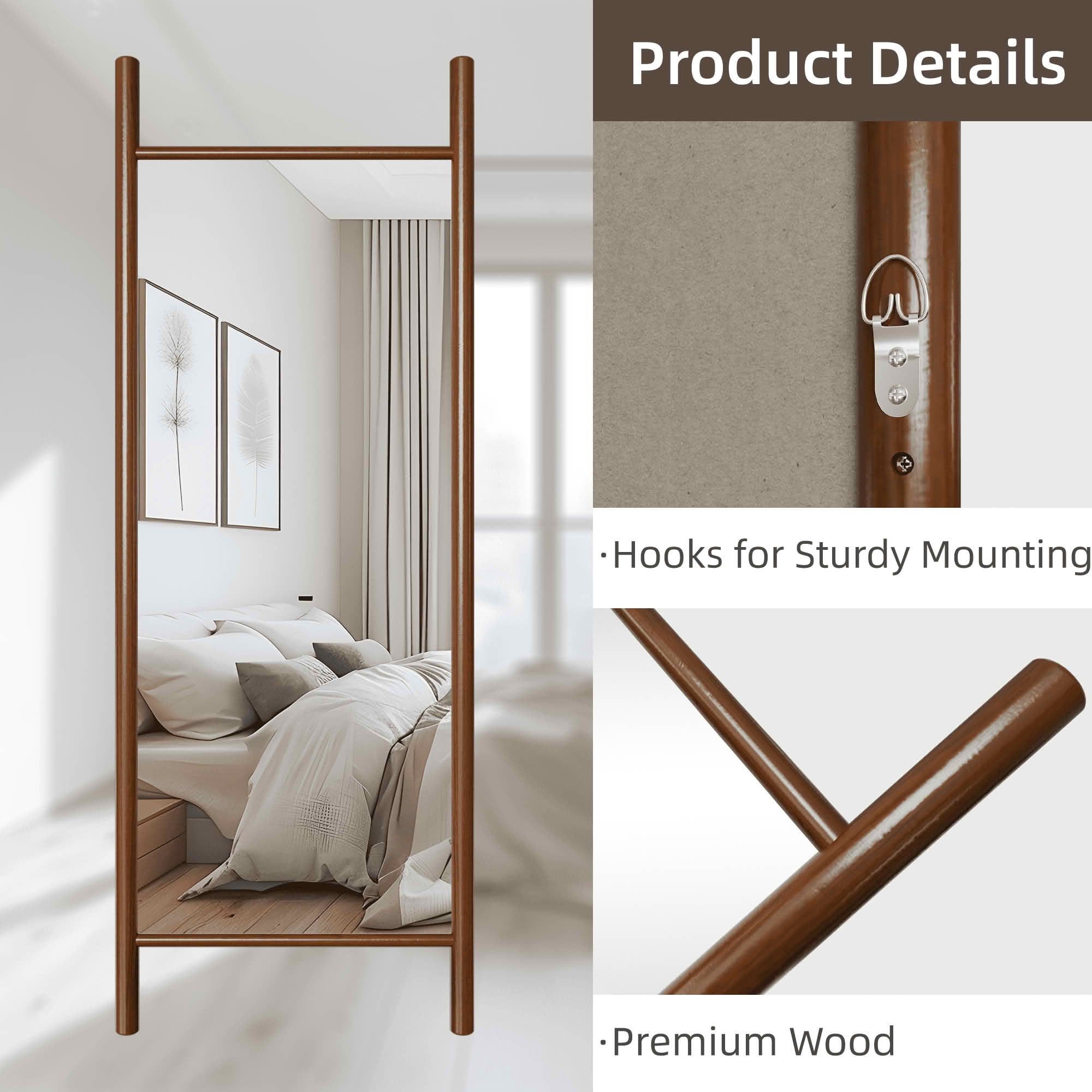 MAYEERTY 63x24x1 Inch Walnut Wood Ladder Rectangular Full Length Mirror, No Stand for Bedroom
