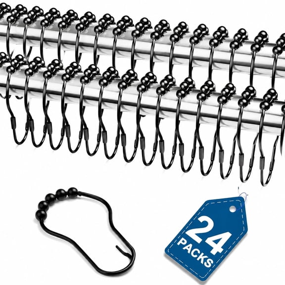 24 Pack Rustproof Shower Curtain Hooks - Matte Black Metal Rings for Bathroom Curtain Rods - Heavy Duty Waterproof Hangers for Vinyl, Fabric & Plastic Shower Liners (Smooth Glide Design)