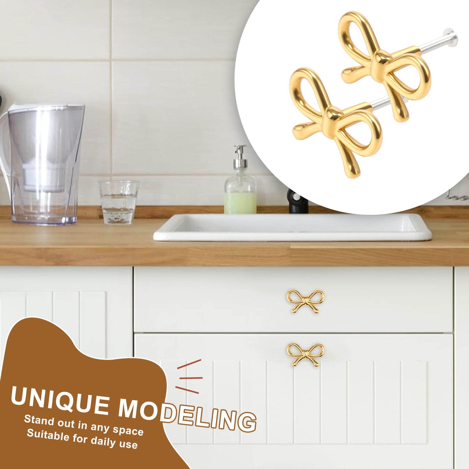 2/4/6 Pcs Bow Shape Drawer Knobs Gold Brass Cabinet Pulls with Screws Decorative Cupboard Handles for Dresser Wardrobe Drawer Cabinet