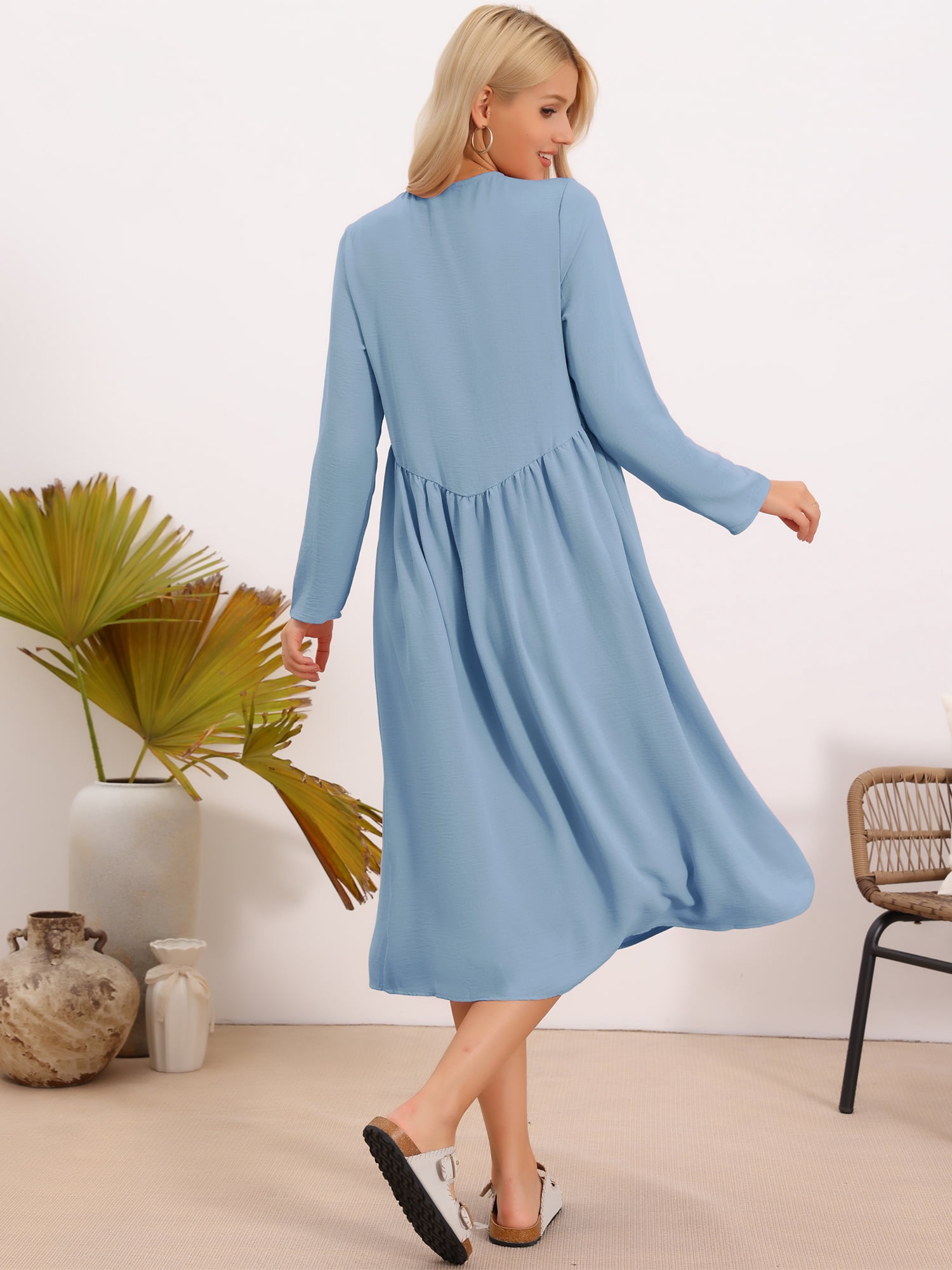 DARING DIVA Women's Maternity Nursing Dress Long Sleeve Midi Round Neck Pleated M Blue