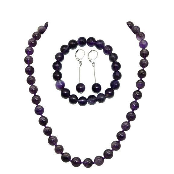 Natural Amethyst Jewelry set 10mm Purple Gemstone Round Beads Necklace Bracelet Earrings Set 18'' 7.5" inch