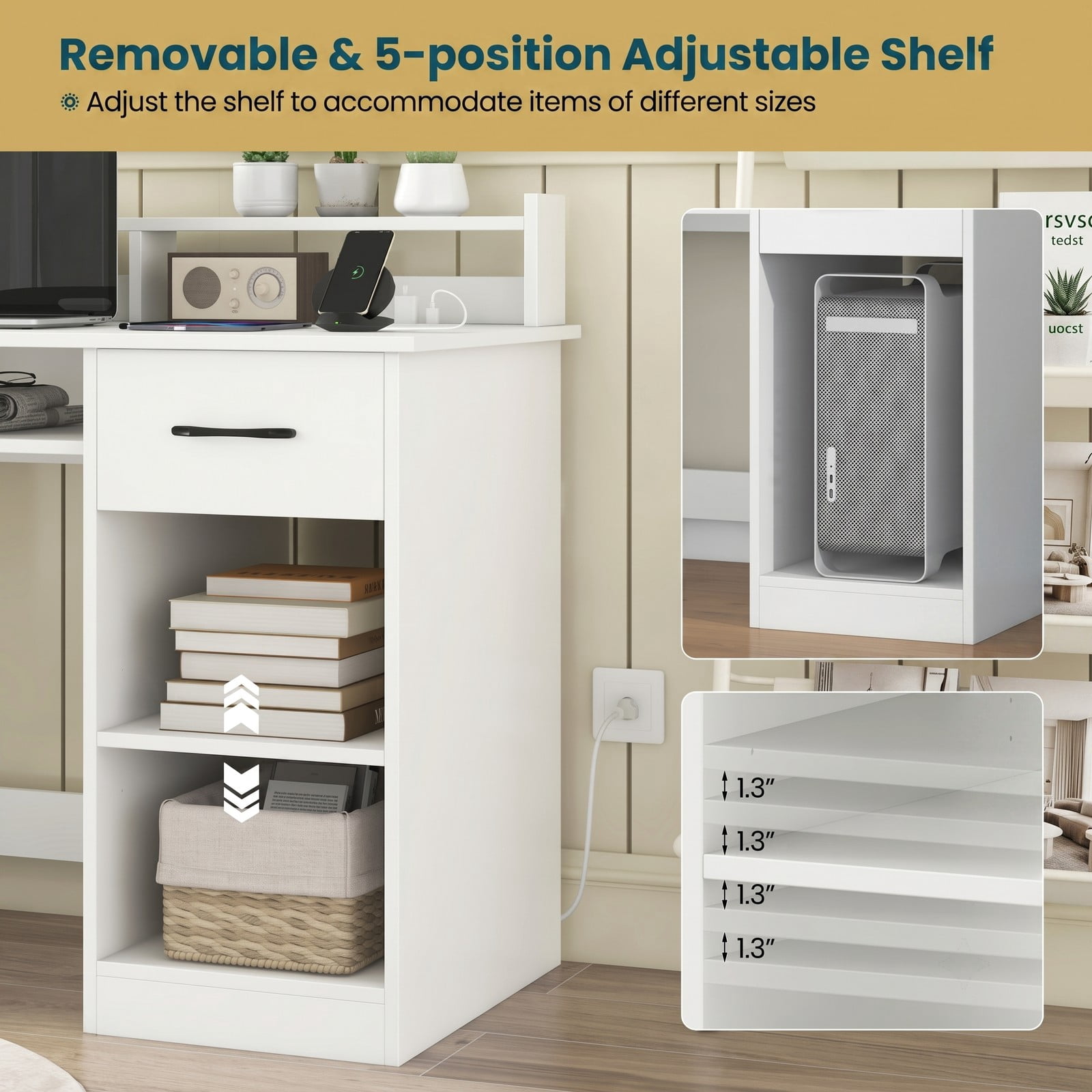 Furnibear White Desk Computer Desk Home Office Desk with Charging Station Adjustable Shelf Keyboard Tray Drawer and Reinforced Frame, White