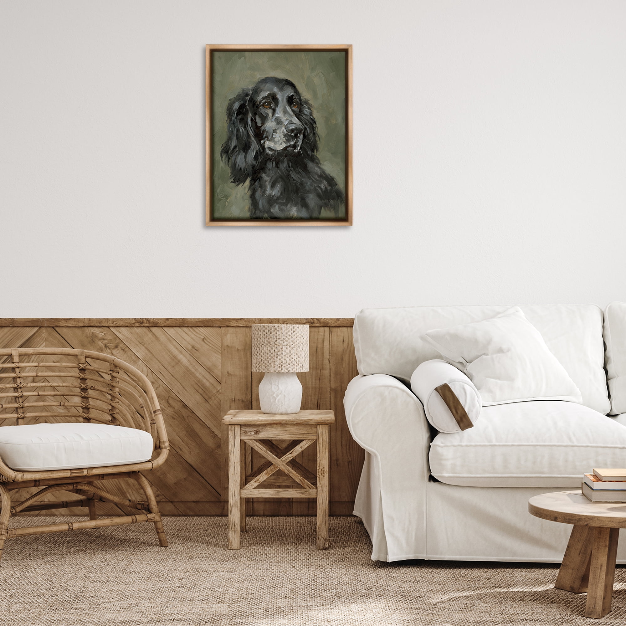 Stupell Industries Black Cocker Spaniel Animals & Insects Painting Brown Floater Framed Canvas Art Print Wall Art, 25 x 31