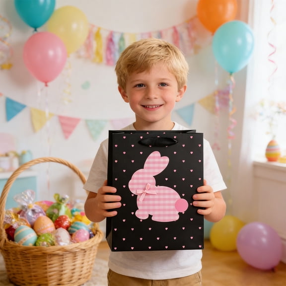 6PCS Easter Bunny Gift Bags with Ribbon Bows – Black & Pink Paper Gift Bags for Holiday Party Favors, Birthday, Easter Decorations, 23x18x10cm