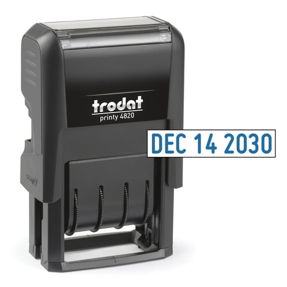 Trodat 4820 Printy 4.0, Self-Inking Date Stamp for Professional, Classroom and Personal Applications, 3/8” x 1-¼”, Eco-Friendly and CO2 Compensated - Blue Ink