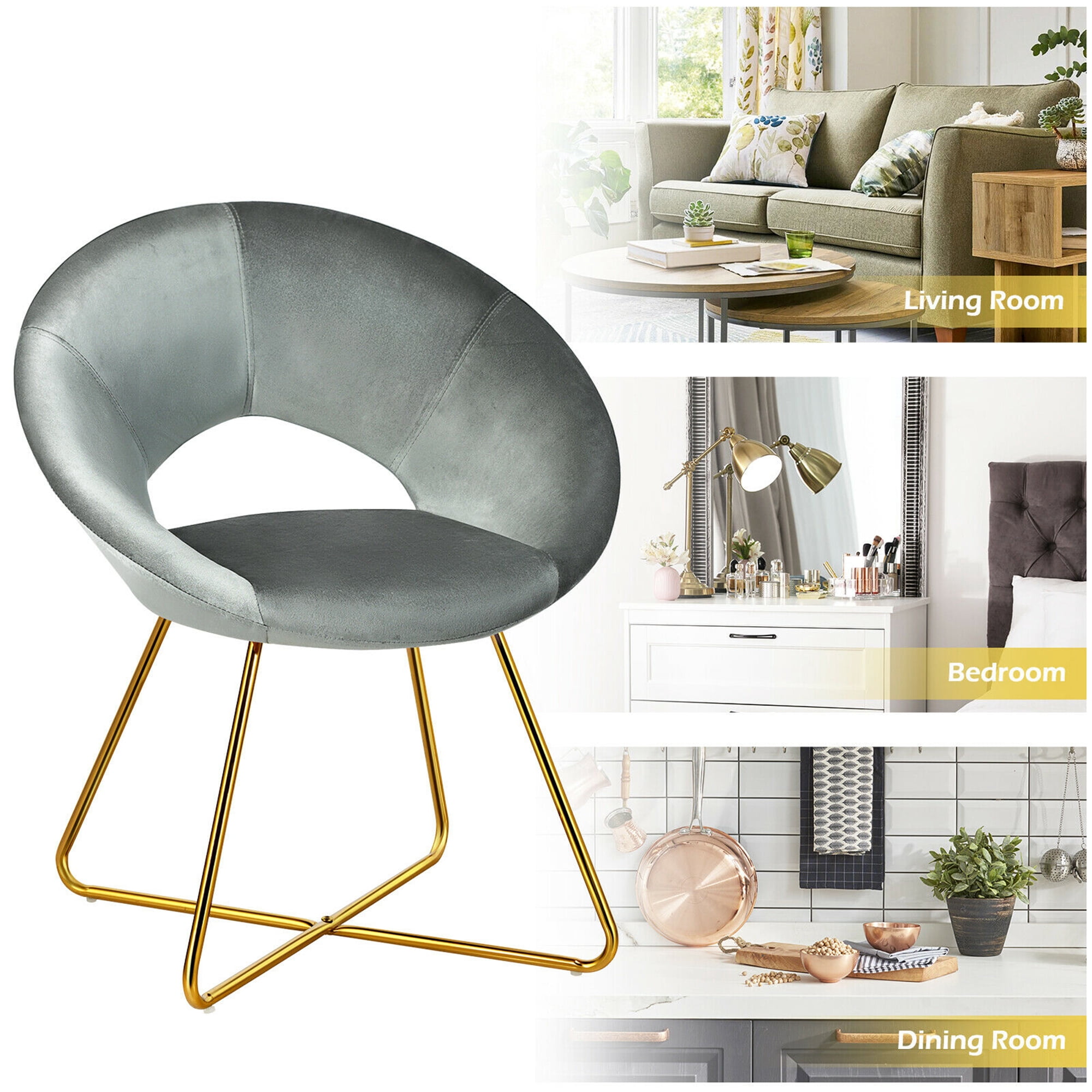 Gymax Set of 2 Accent Velvet Chairs Dining Chairs Arm Chair w/Golden Legs Grey