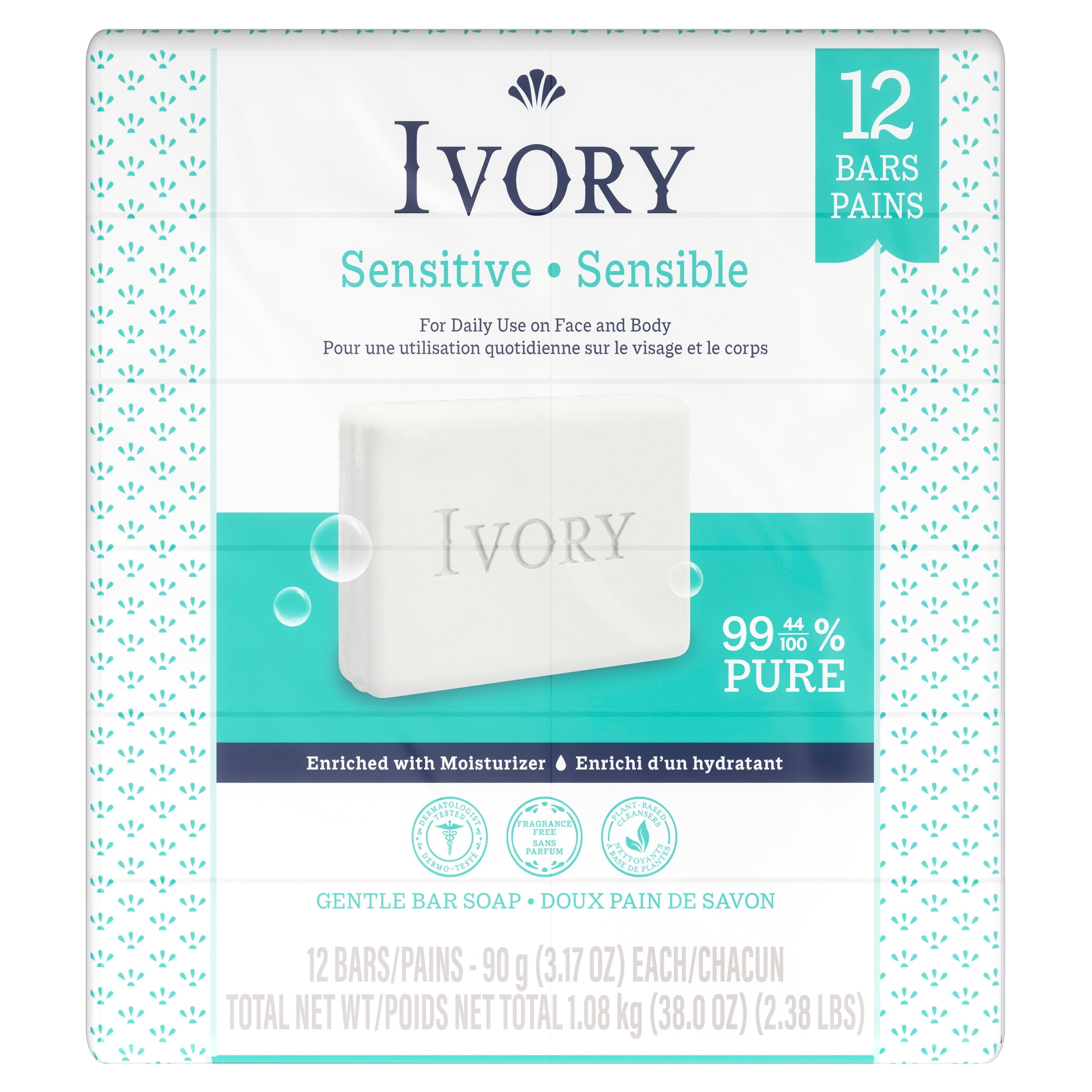 Ivory Sensitive Bar Soap, Fragrance Free 3.17 oz (12 count)